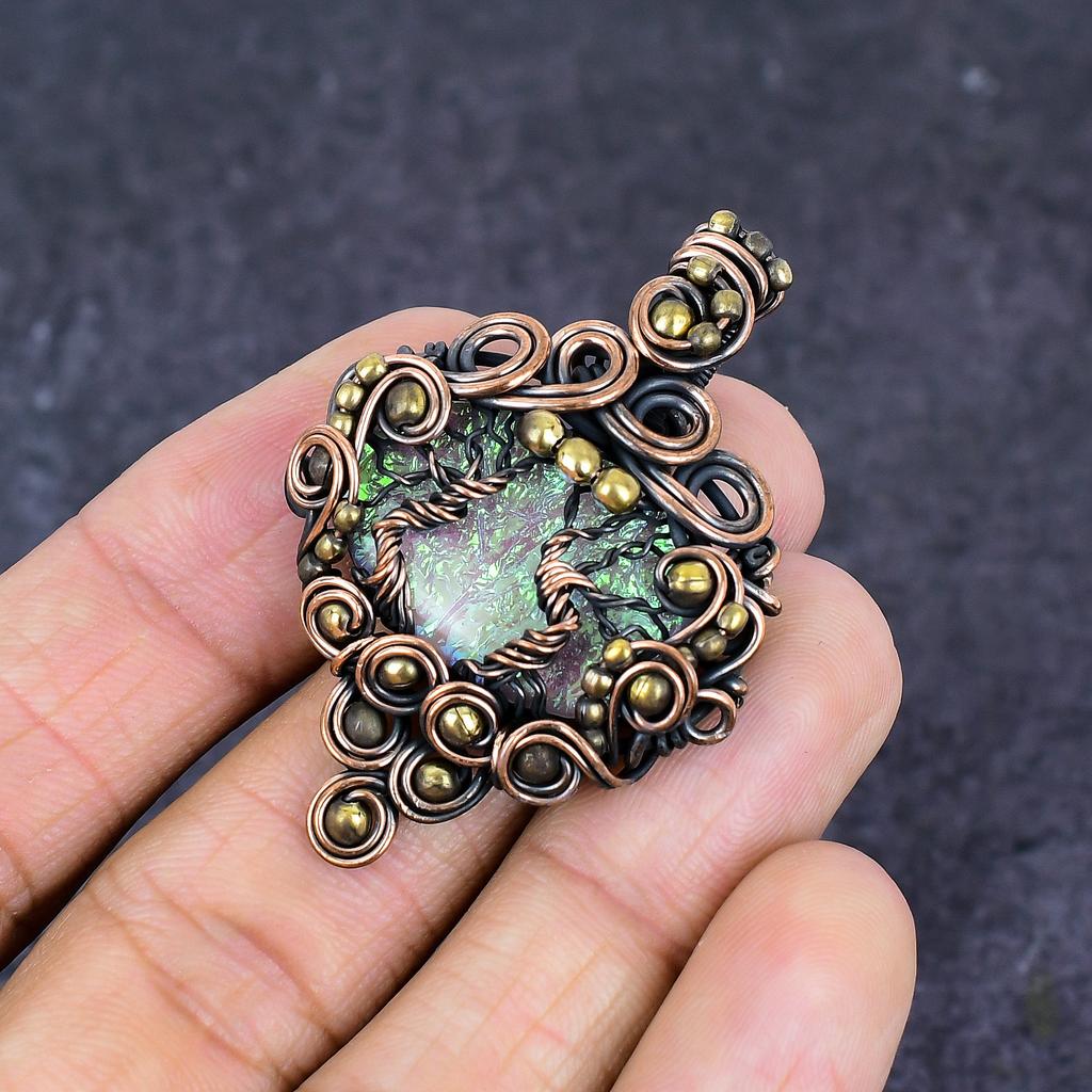 Dichroic Glass Gemstone Copper Wire Wrap Jewelry Pendant 2.01"