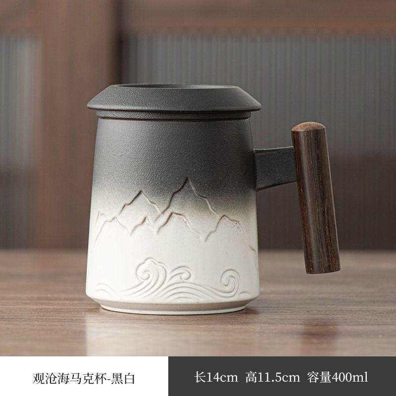 Handcrafted Ceramic Tea Mug with Infuser and Lid – 400ml Heat-Resistant Cup with Wooden Handle, Artistic Mountain Design