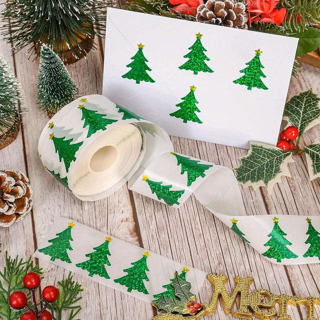 Festive Christmas Tree Stickers Roll-Engraved Self-Adhesive Decals, Durable for Holiday Decor,Envelopes, Journals,Party Supplies