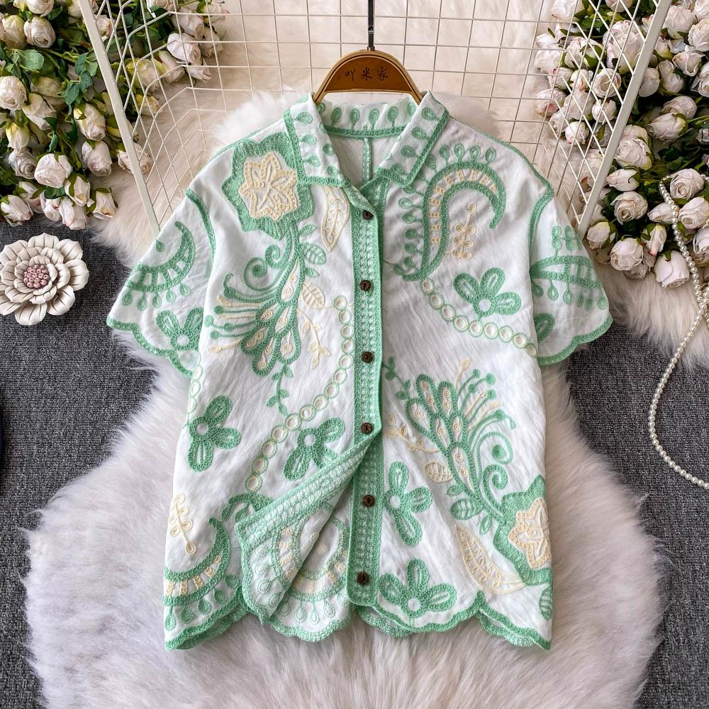 

Летние женские однобортные рубашки с коротким рукавом и отложным воротником с вышивкой One Size зелёный