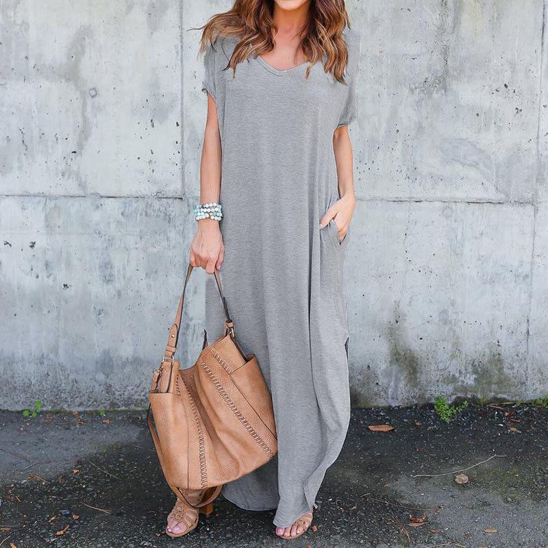 Premium Quality Women Summer Maxi T-shirt Dress With Short Sleeves And Pockets