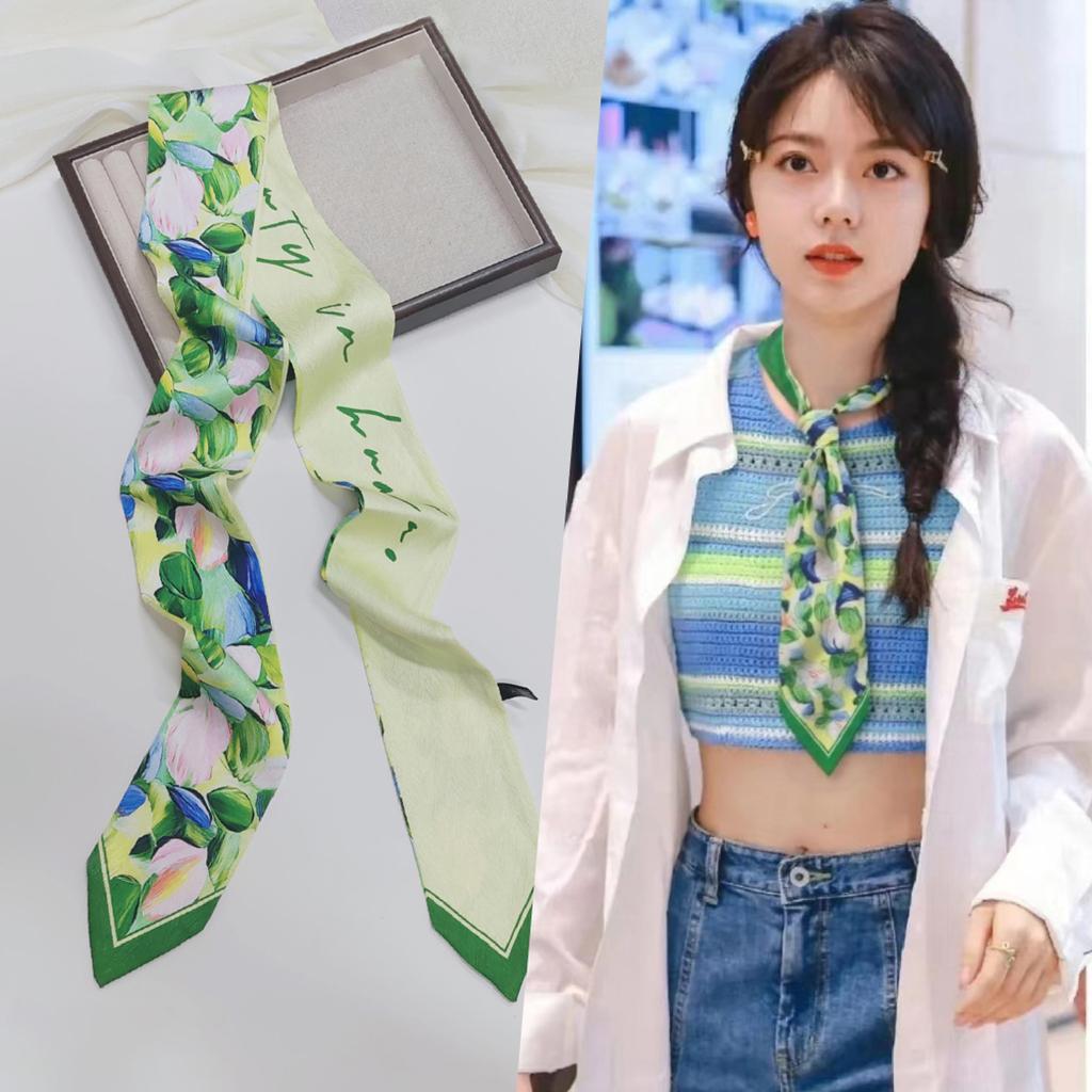 French green small long narrow silk scarf women's spring and autumn pointed corner tied bag ribbon braided hair band headgear scarf streamer belt