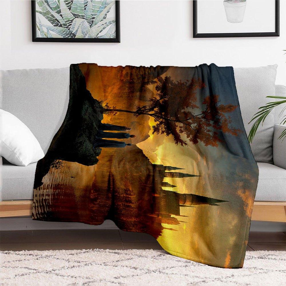 Hogwarts Castle Sunset Fantasy Art PrintBlanket Flannel Throw Blanket for Sofa, Bed, Travel, Camping, Office, Couch, Chair