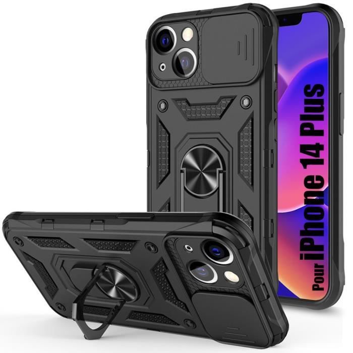 Coque pour iPhone 14 Plus - Armée - Noir - Antichoc - Support intégré - Couvercle coulissant