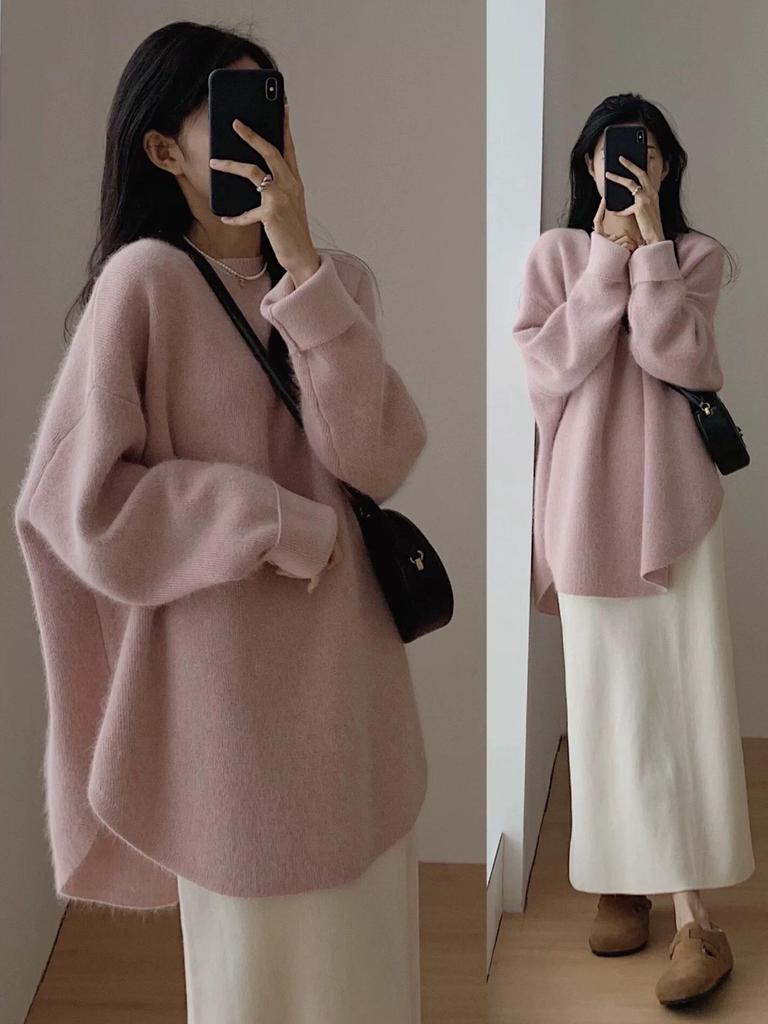 Women's 2025 Autumn/Winter Cozy Oversized Knit Sweater - Mid-Length Pullover