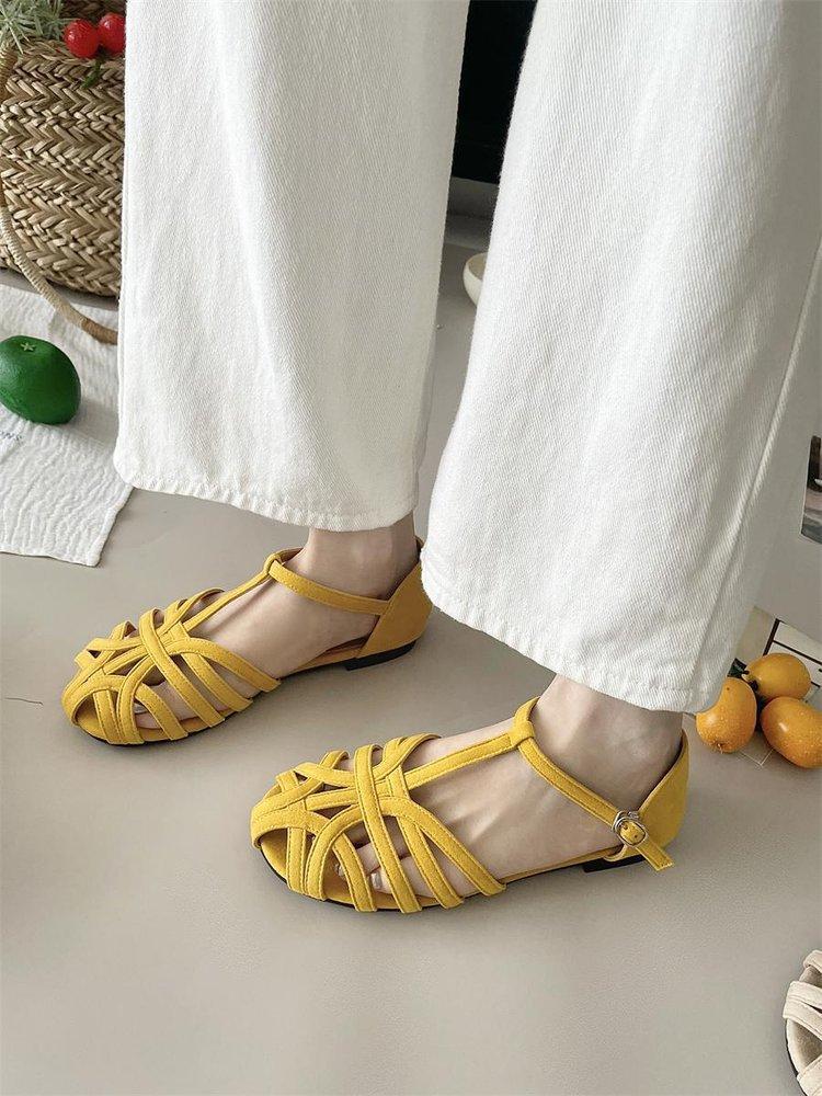 

[Armano] Плетеные сандалии-гладиаторы на плоской подошве с полым узором для женского лета, новые, для отпуска, путешествий, ретро, с сумкой на носке для женщин 35 жёлтый