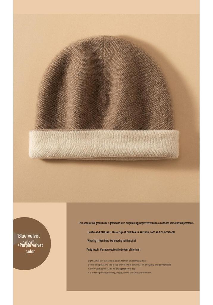 Women's Double-Sided 100% Pure Cashmere Beanie - Versatile Warm Knit Hat for Autumn/Winter