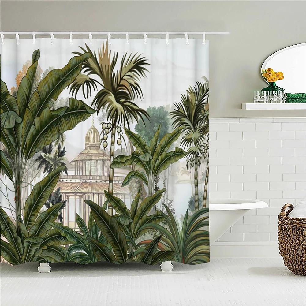 Green Plant Leaves Shower Curtains Bath Curtain Bathroom 3d Printed Fresh Waterproof Polyester Cloth With Hooks Home Decor Mat