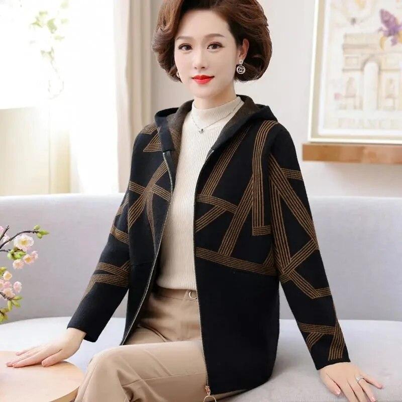 

Новое бархатное пальто среднего возраста для пожилых мам из искусственной норки, осень-зима, кардиган с капюшоном на молнии, свитер, женская вязаная куртка 4XL