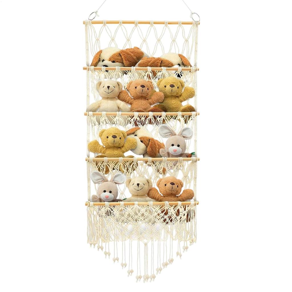 4-Layer Over The Door Plush Toy Storage Rack Boho Stuffed Toy Net Organizer Hangable Plush Doll Storage Net Pocket for Playroom