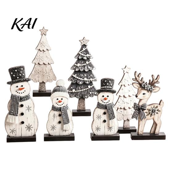 Christmas Gift for Friends 7Pcs Snowman Tree Reindeer Figurines, 2D Wooden Tiered Tray Retro Style Festive Crafts Decor, Rustic Farmhouse Tabletop