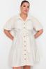  Women's Plus Size Dress Beige Linen Look Belted Buttoned Shirt Dress