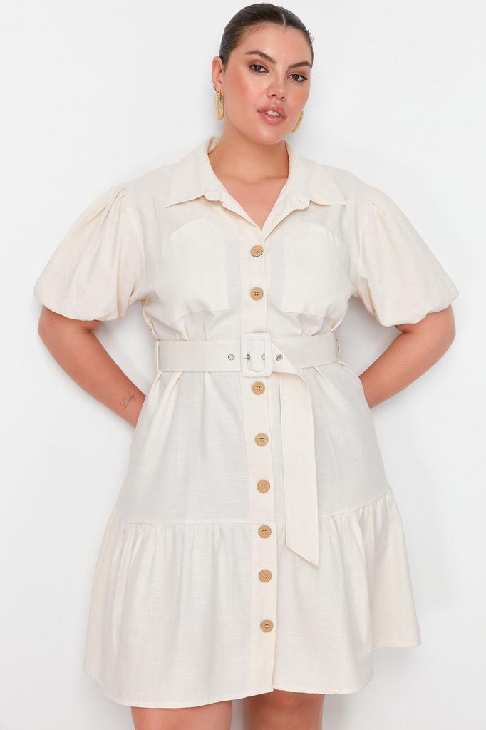  Women's Plus Size Dress Beige Linen Look Belted Buttoned Shirt Dress