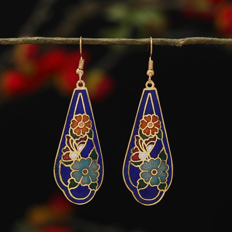 Chinese retro cloisonne enamel earrings female classical temperament simple flower earrings niche design earrings