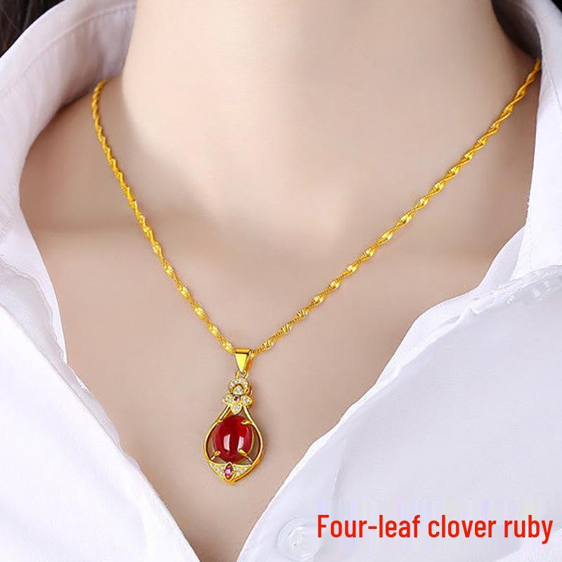 Gold-Plated Double Water Wave Necklace with Ruby & Emerald Pendant