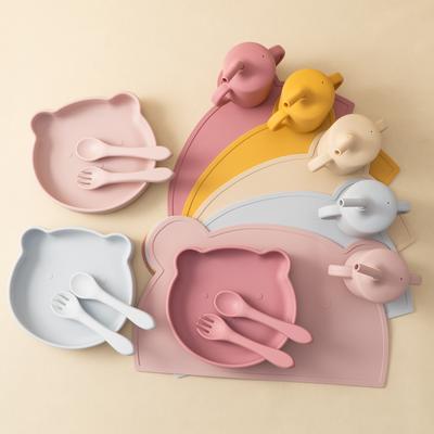 Color Kids Baby Silicone Tableware Set Spoon Fork Cartoon Bear Dishes Snack Plates Feeding Sucker Bowl Learning Cup Baby Stuff