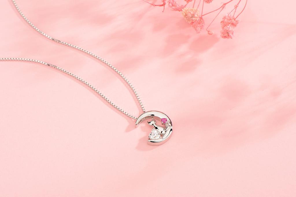 Necklace Birthstone Cat Moon Wish Fulfillment Motif Pendant Present [HAH] Women's (February Amethyst)