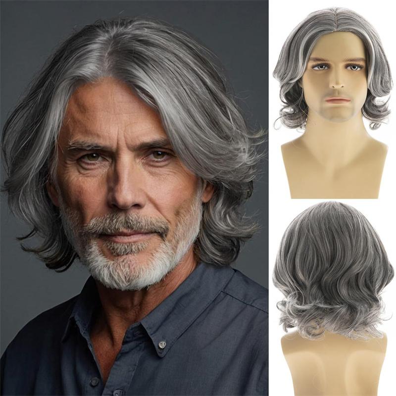 

Synthetic Ombre Grey Black Short Hair Wig for Men Fluffy Curly Haircut Wig with Bangs Cosplay Costume Older Male Wig