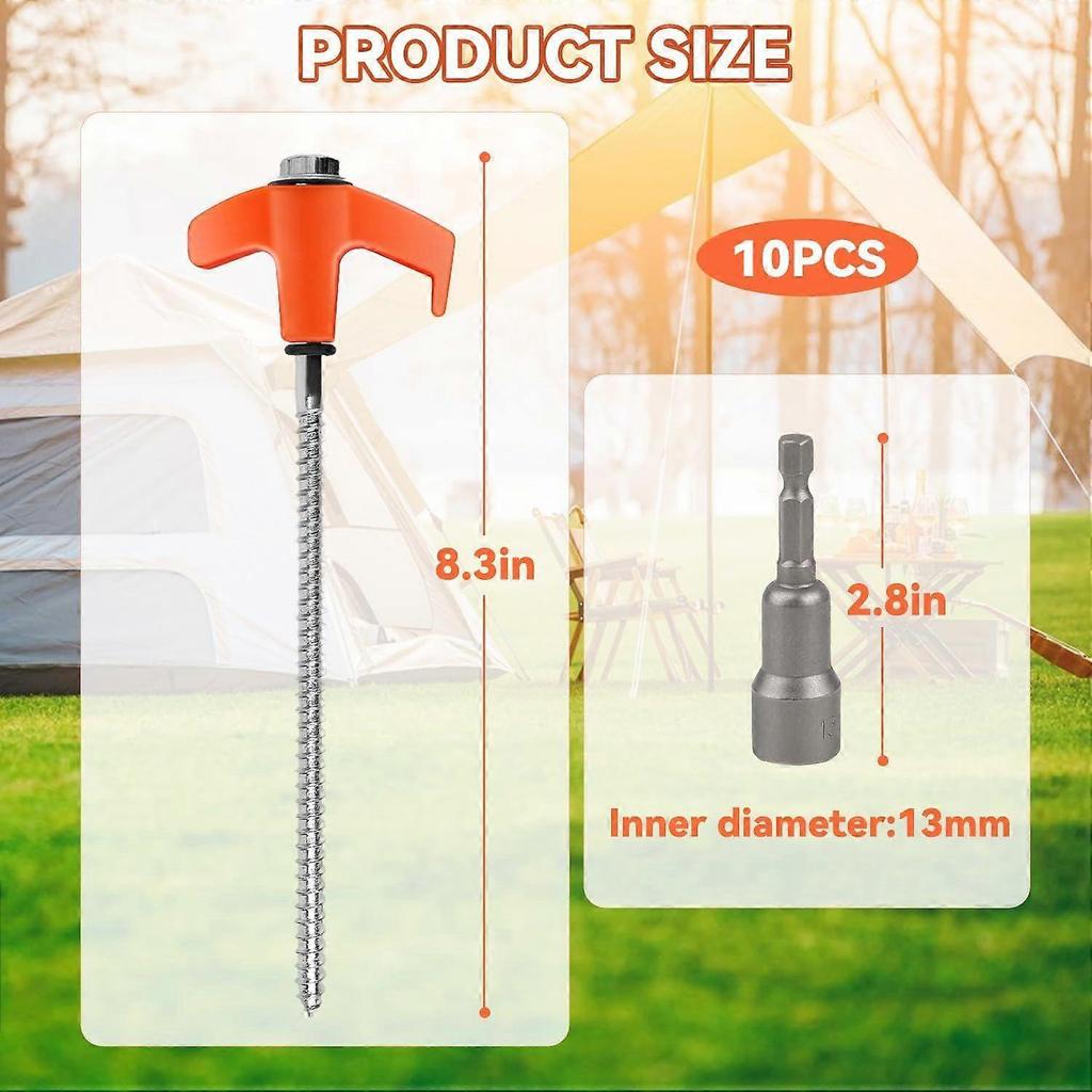 10 Stück Robuste Orange Schraub-Zeltnägel mit Sechskant-Treiber - Für Camping, Terrasse & Außenbereich
