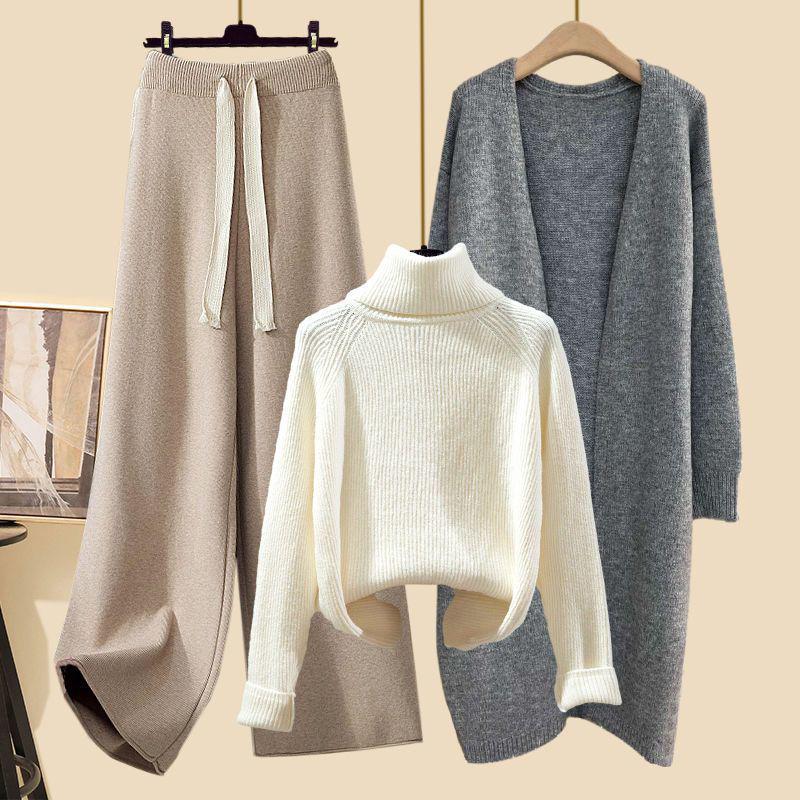 Women's Autumn 2024 Three-Piece Set: Mid-Length Cardigan Jacket, High-Neck Sweater, and Slim Wide-Leg Pants