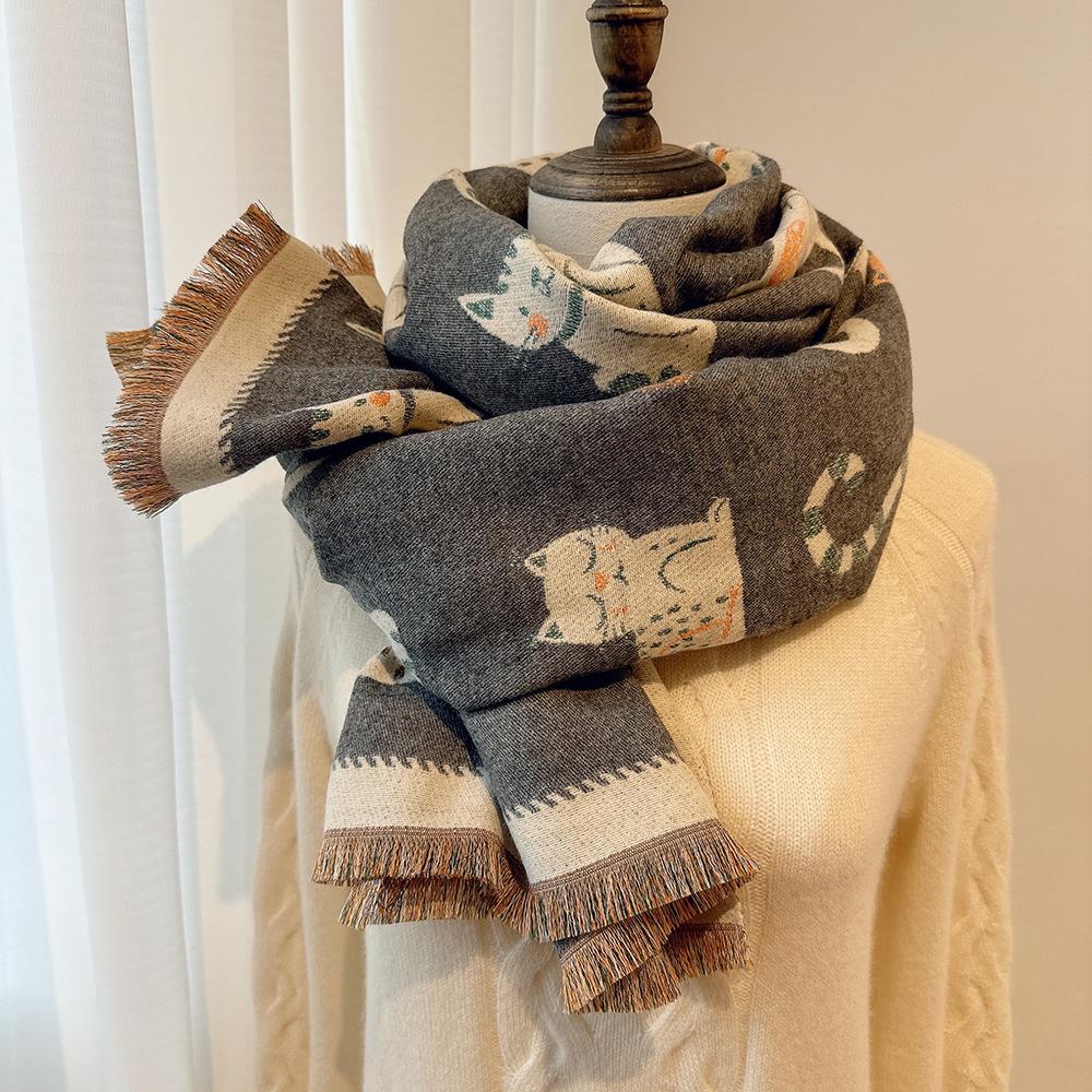 New Double-sided Contrasting Color Jacquard Scarf Women's Winter Warm Fashion Shawl Outer Shoulder and Neck Protection