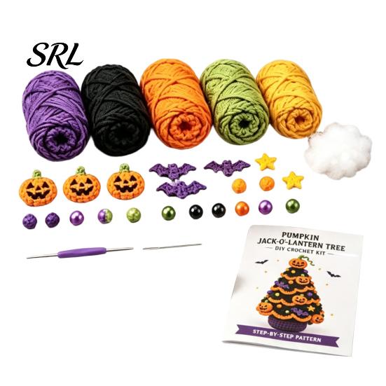 DIY Holiday Tree Materials Halloween Crochet Kit, Black Cat Pumpkin Witch Creative Gift for Crafters Hat Ghost Crafting Kit Home Decor, Handmade Craft