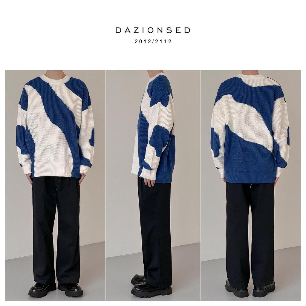 Boys' Contrast Color Knitted Pullover Sweater - Lazy Style, Loose Fit, Autumn/Winter, Korean Style