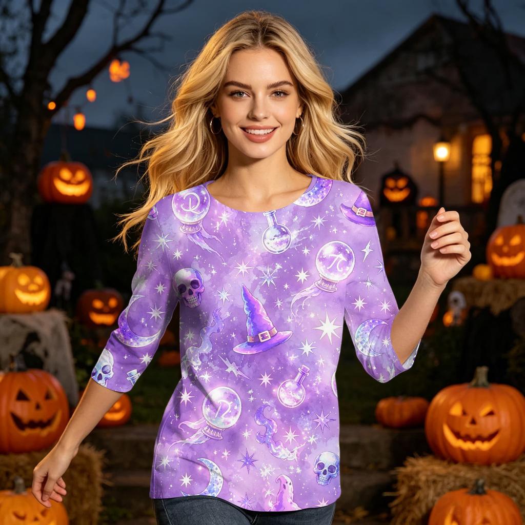 Womens Casual Halloween Print Round Neck Top Three Quarter Sleeve Lightweight Blouse for Seasonal Wear