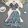 Seaside Holiday Suit Women's Neck Slim Short Top Two Piece Set High Waist Floral Split Skirt Summer New