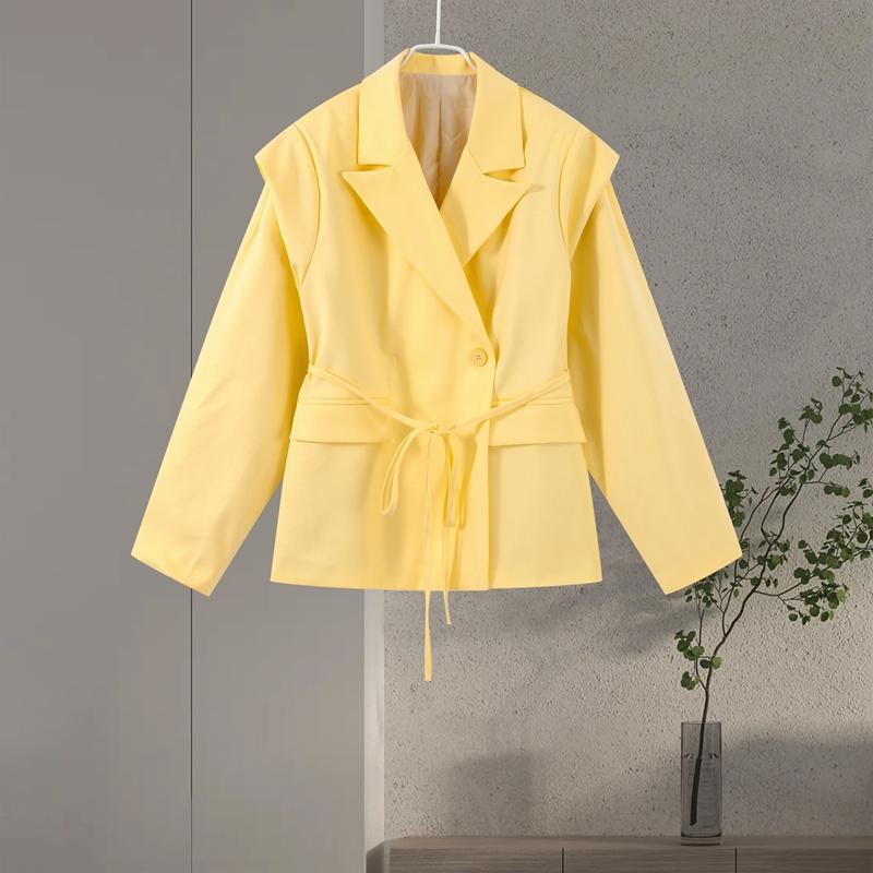 Lace Up Shoulder Pad Blazer Coat Women Elegant Turn-down Collar Long Sleeve Pockets Slim Fit Coats Chic Ladies Commute Outerwear