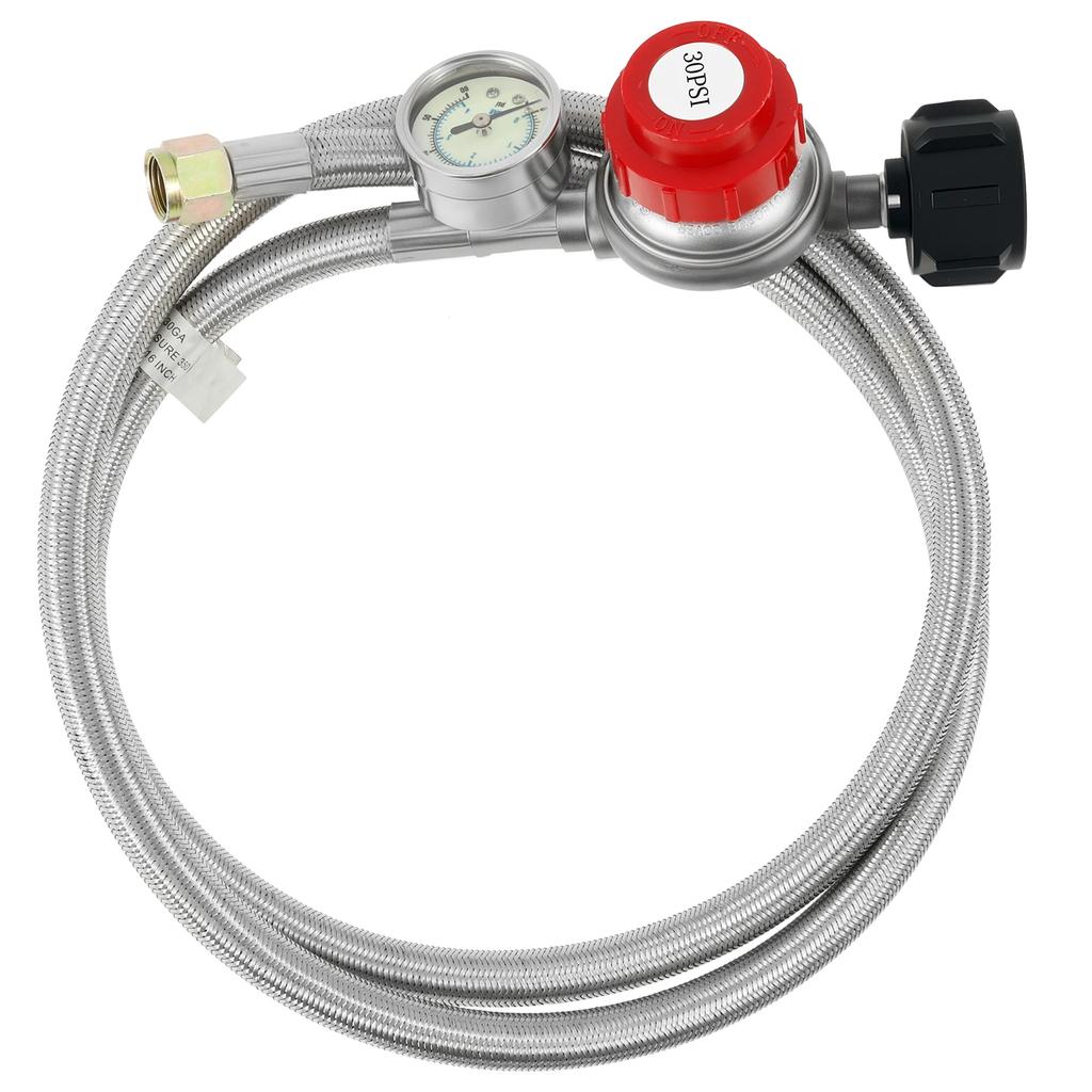 5FT Edelstahl Messing Propanregler und Schlauch 30 PSI Einstellbar Hitzebeständig Gasgrillregler Schlauch für Campingkocher
