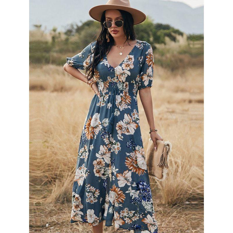 V-neck Waistband Slimming Print Dress V-neck Waist-Controlled Slimming Print Dress