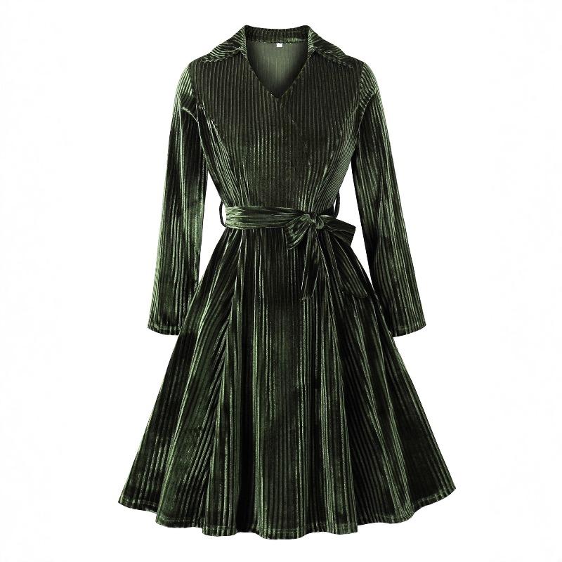 

Women s Vintage Autumn/Winter Velvet Elegant V-Neck Long-Sleeve Tie-Waist Christmas Full-Skirt Dress XXL армія зелений колір