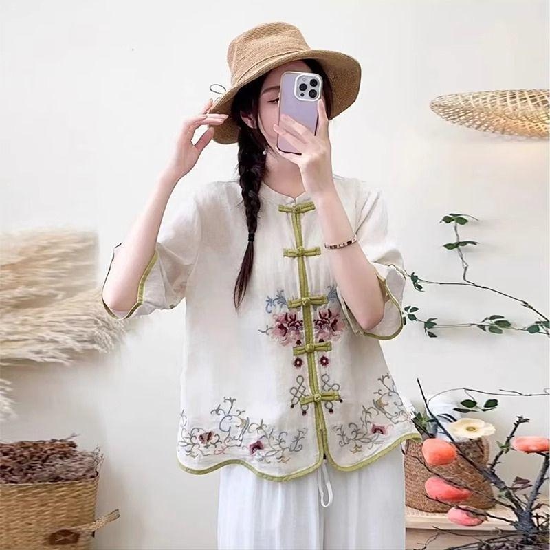 Summer Loose New Cotton and Linen Shirt Embroidered Button Retro Seven-point Literary Shirt Cotton and Linen Top