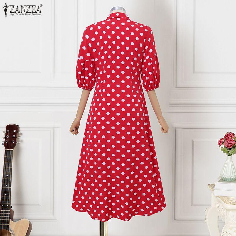 ZANZEA Vintage Damen Casual Umlegekragen Locker Halbarmlig Gepunktet Plissiertes Kleid