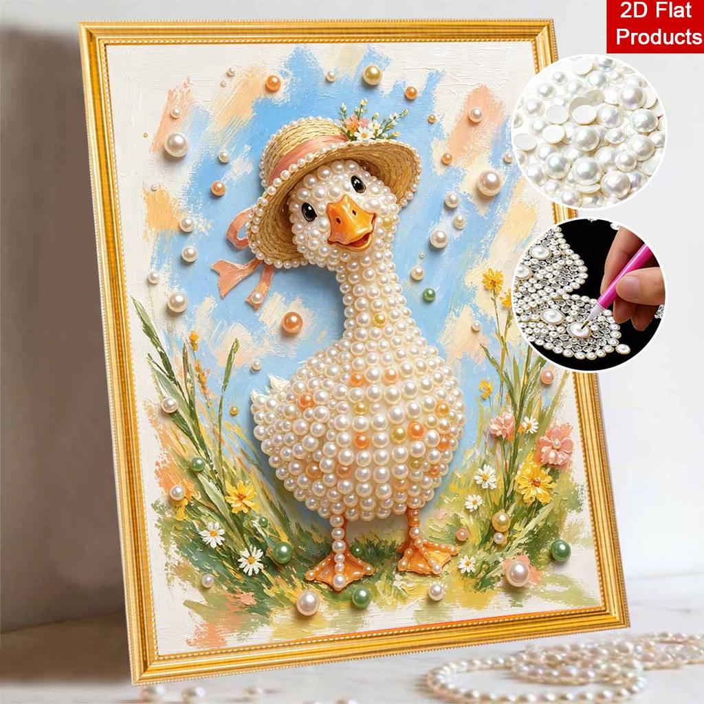DIY Framed Pearl Painting Kit with Cute Duck in Straw Hat 5D Sparkling Bead Art Canvas Ready to Display Home Decor Wall Art Gift Idea