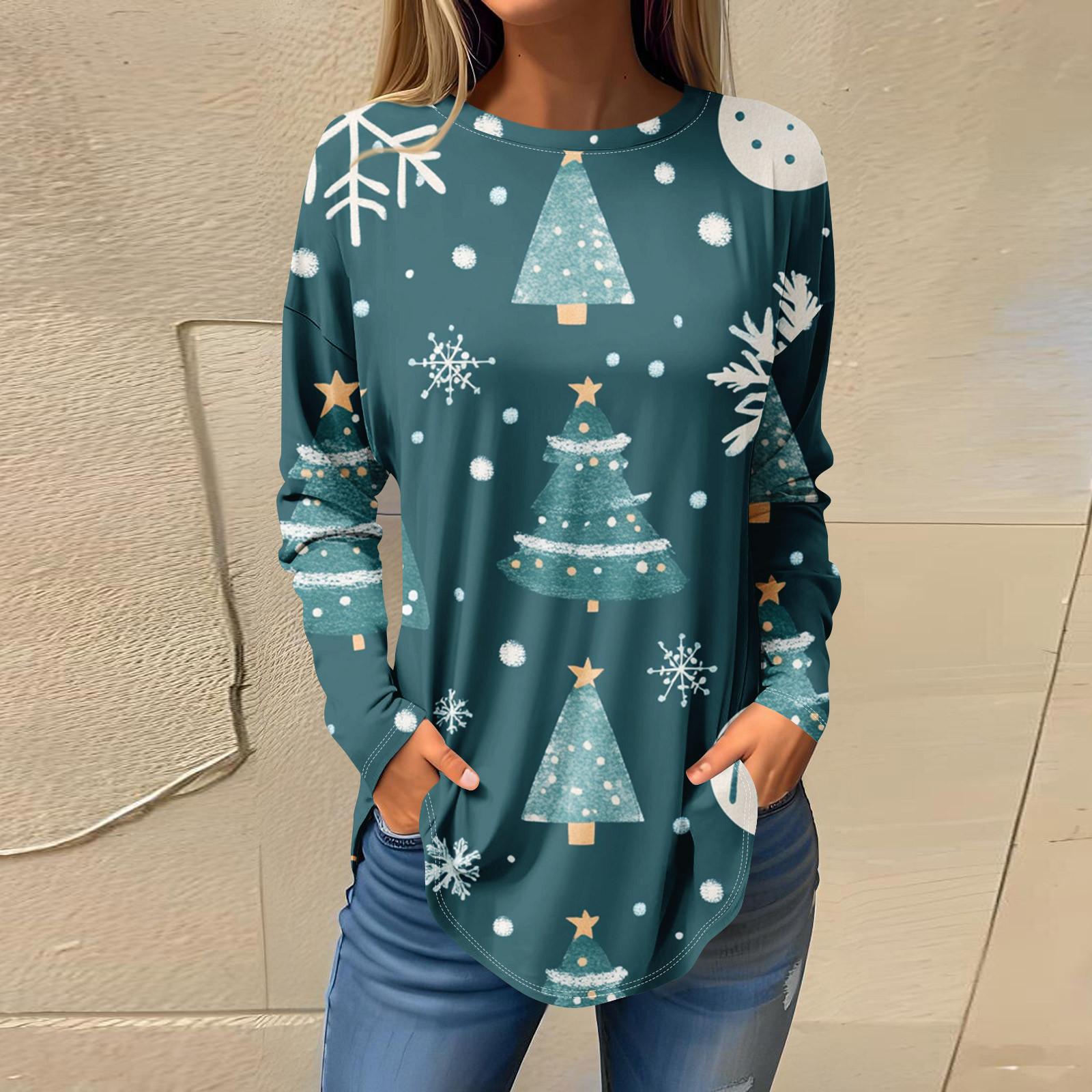 

Футболки для женщин, осенние повседневные рубашки с длинными рукавами, толстовка с ретро-принтом, топ для рождественской вечеринки, пуловер XL