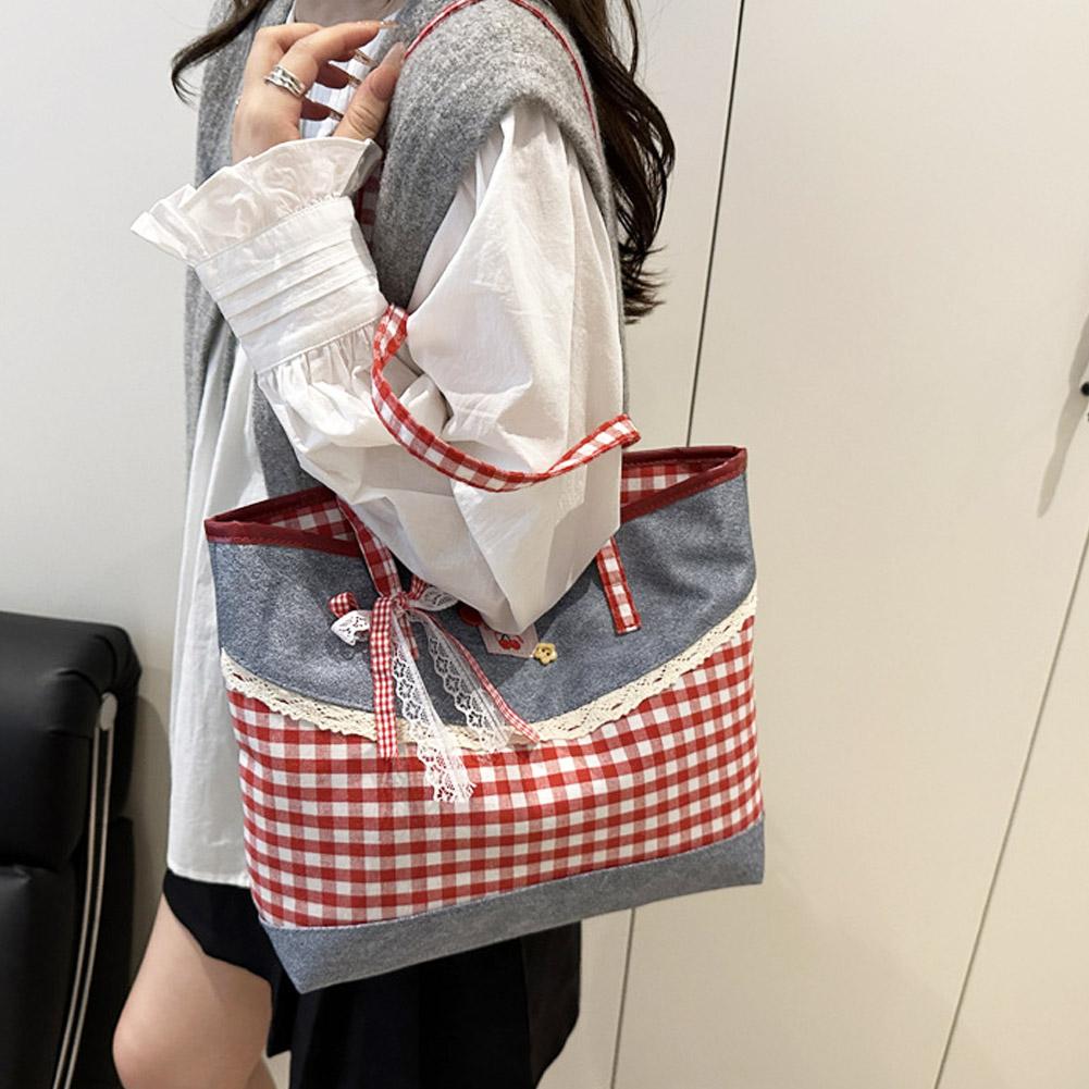 Korean Style Lattice Bow Shoulder Tote Bag Sweet Women's Underarm Bag Large Capacity Casual Fashion Shoulder Bag Handbag