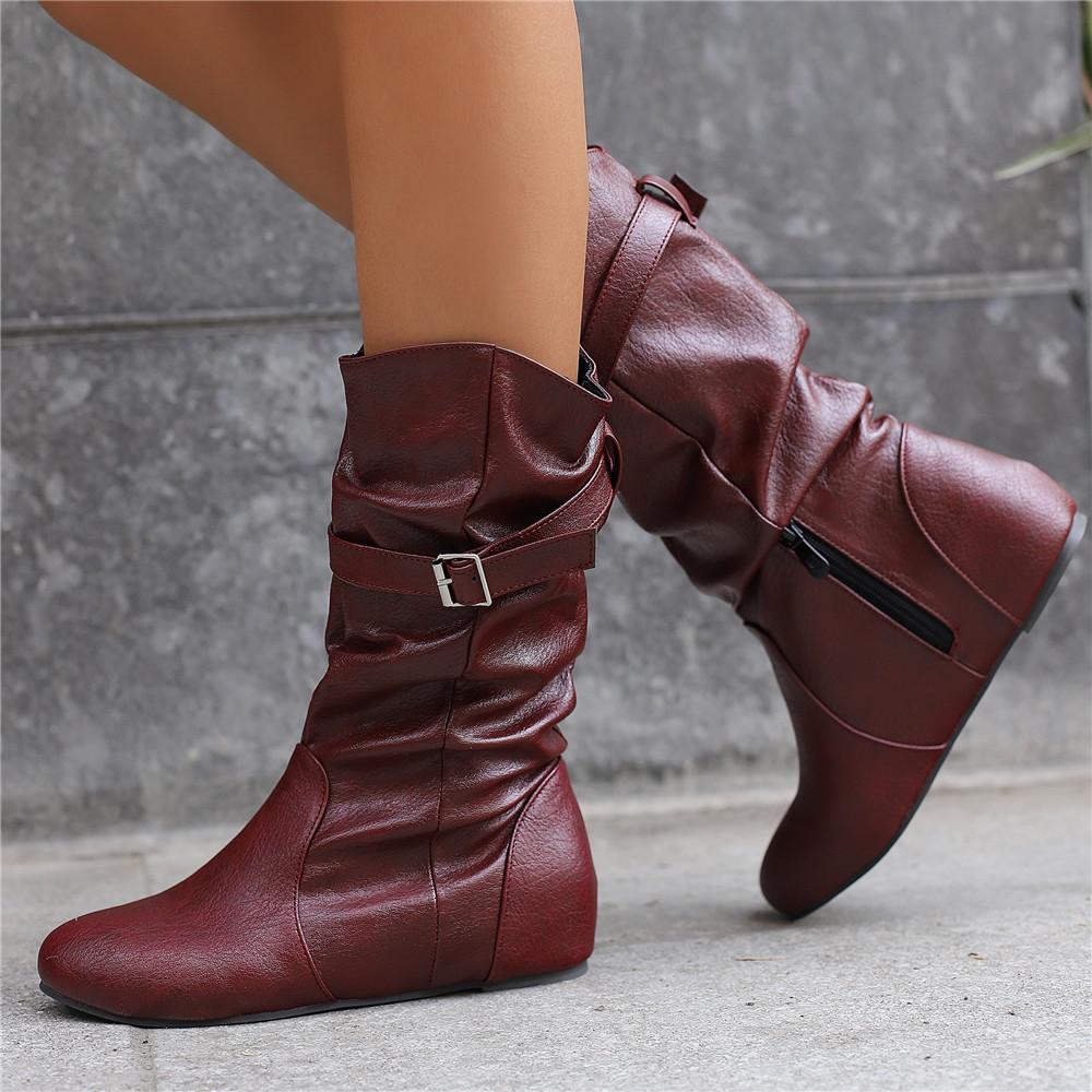 Fashion Women Mid-Calf Boots PU Pleated Boots Female Round Toe Shoes Concise Height Increasing Flat Shoes Autumn Winter Size 34-50