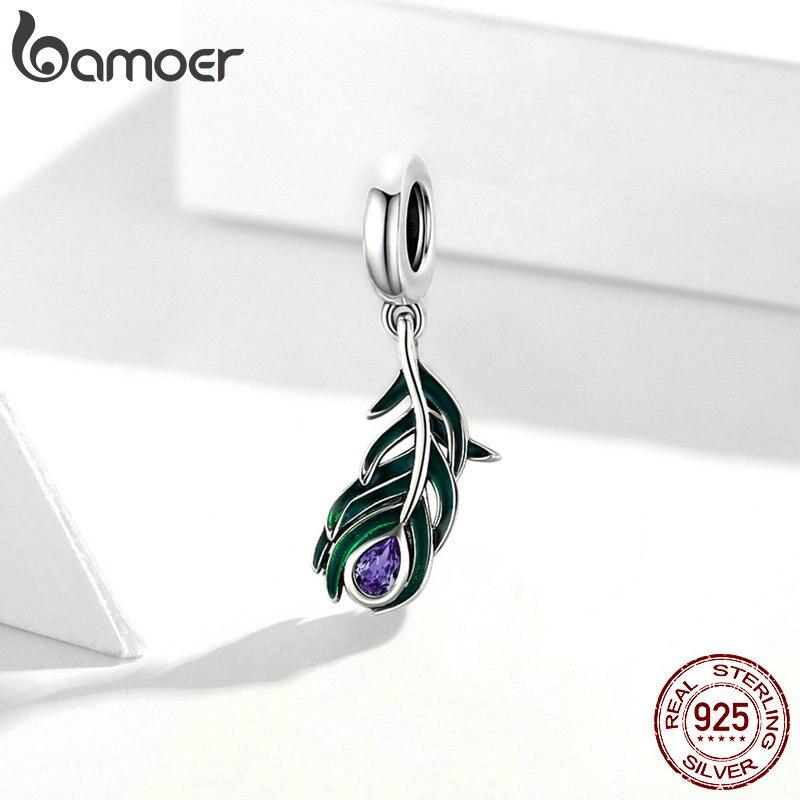 

BAMOER из натуральной стерлингового серебра 925 пробы с павлиньим пером, металлический Шарм для оригинальных женщин, серебряный браслет, ювелирные изделия «сделай сам» 925 silver