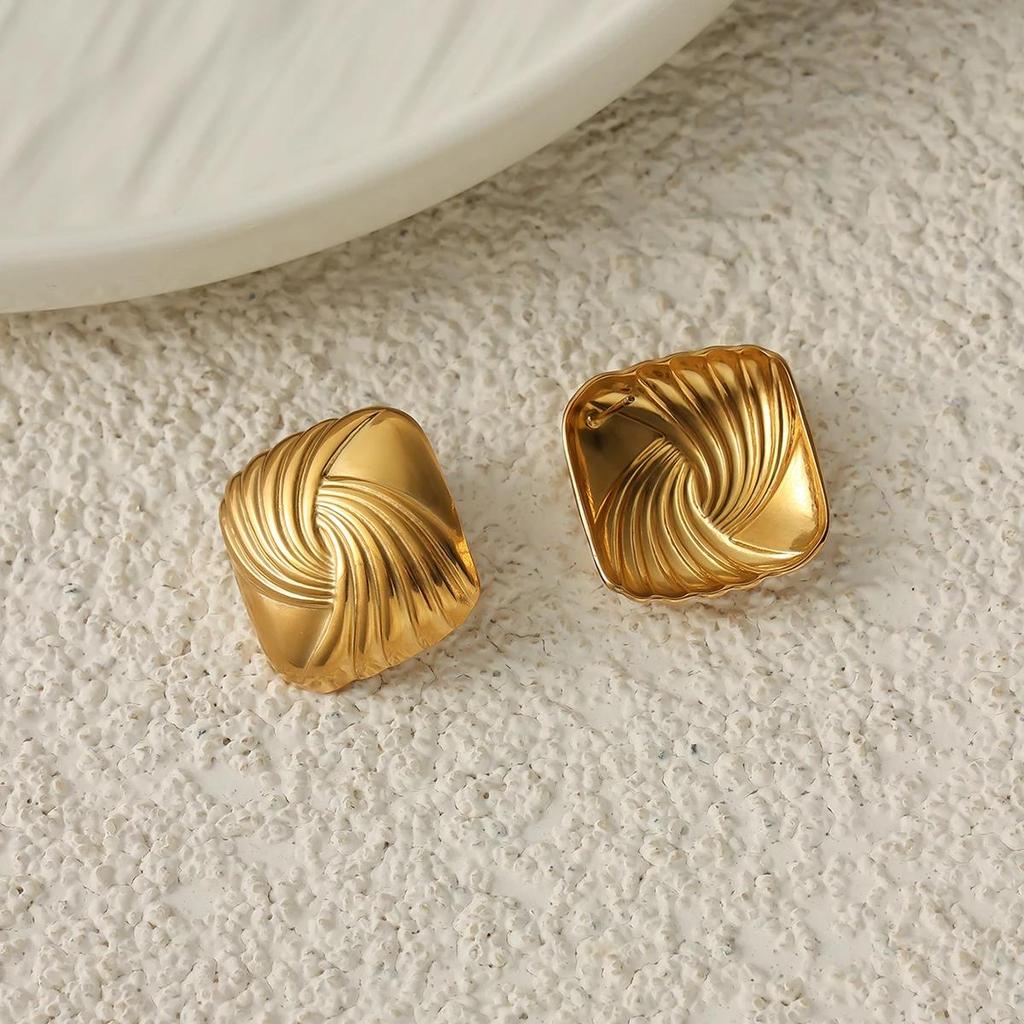 New Fashion Creative Stainless Steel 18K Gold Plated Square Stud Earrings Women Retro Spiral Striped Earrings Party Jewelry