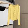 Yellow Premium Long Sleeve Lace-Up Crew Neck Button Knitted Cardigan Women's Spring Slim-Fit Top