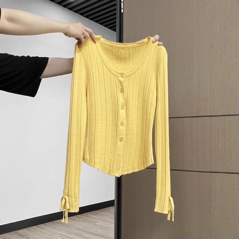 Yellow Premium Long Sleeve Lace-Up Crew Neck Button Knitted Cardigan Women's Spring Slim-Fit Top