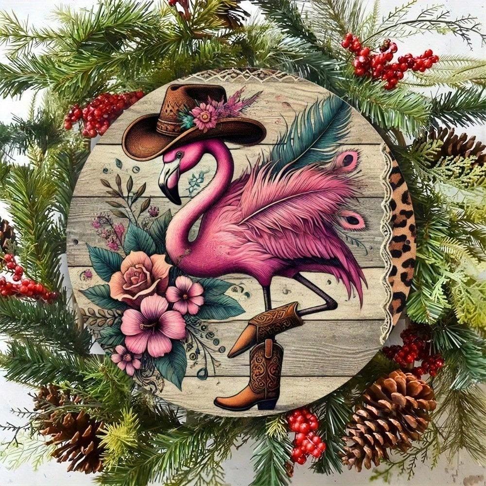 Retro Cowboy Flamingo Metal Sign, 8x8 Inch Round Tin Art for Home Bar Kitchen Wall Decor