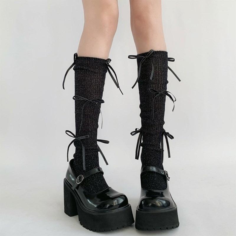Japanese Style Shimmering Rib Knitted Middle Tube Calf Socks for Women Girls Cute Ribbon Bowknot Long Socks Stockings