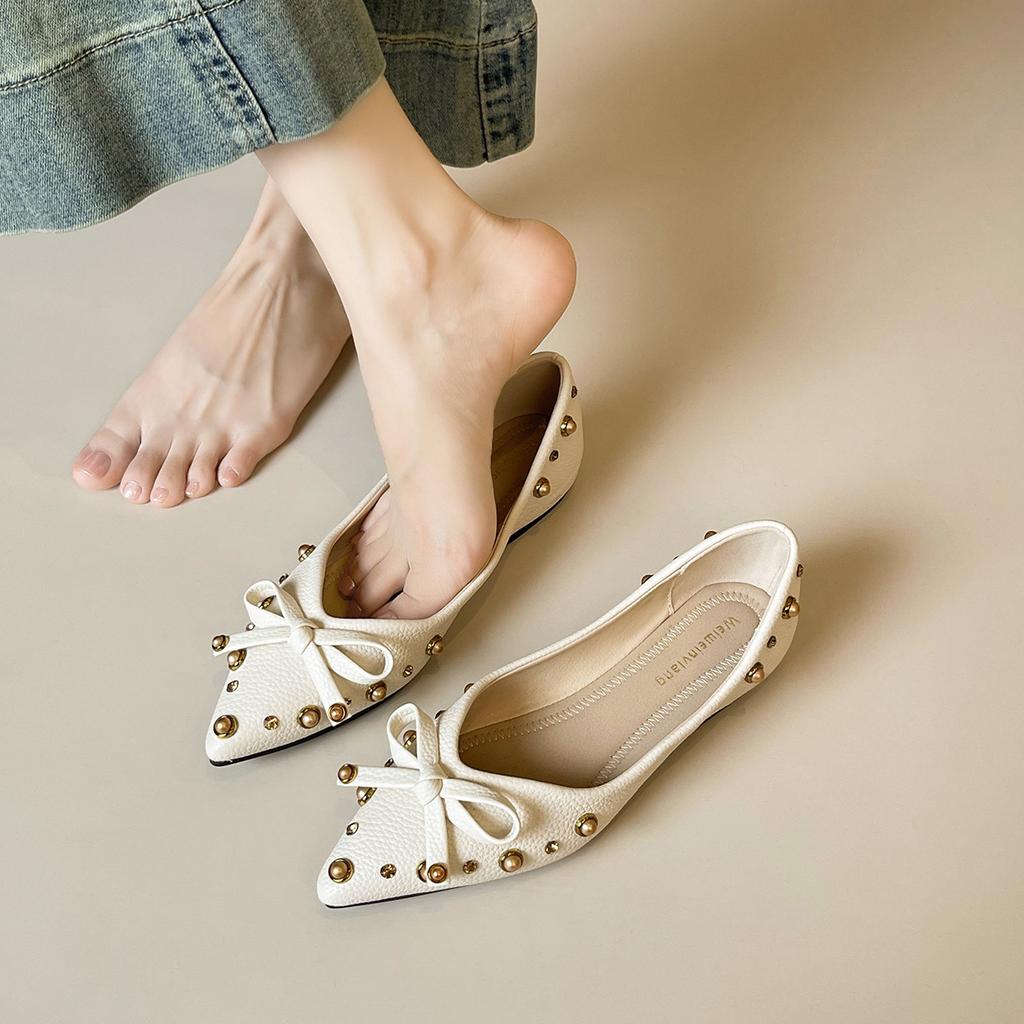 Weiwei girl 696-18 French bow rivet pointed single shoes women's summer with skirt temperament flat-bottomed ladyshoes