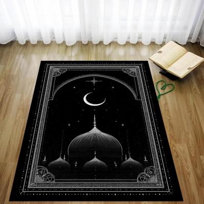 Islamic Prayer Carpet Mat Rug Home Decoration Gold Crescent Moon Pattern Dark Purple Navy Blue Background Worship Floor Decor