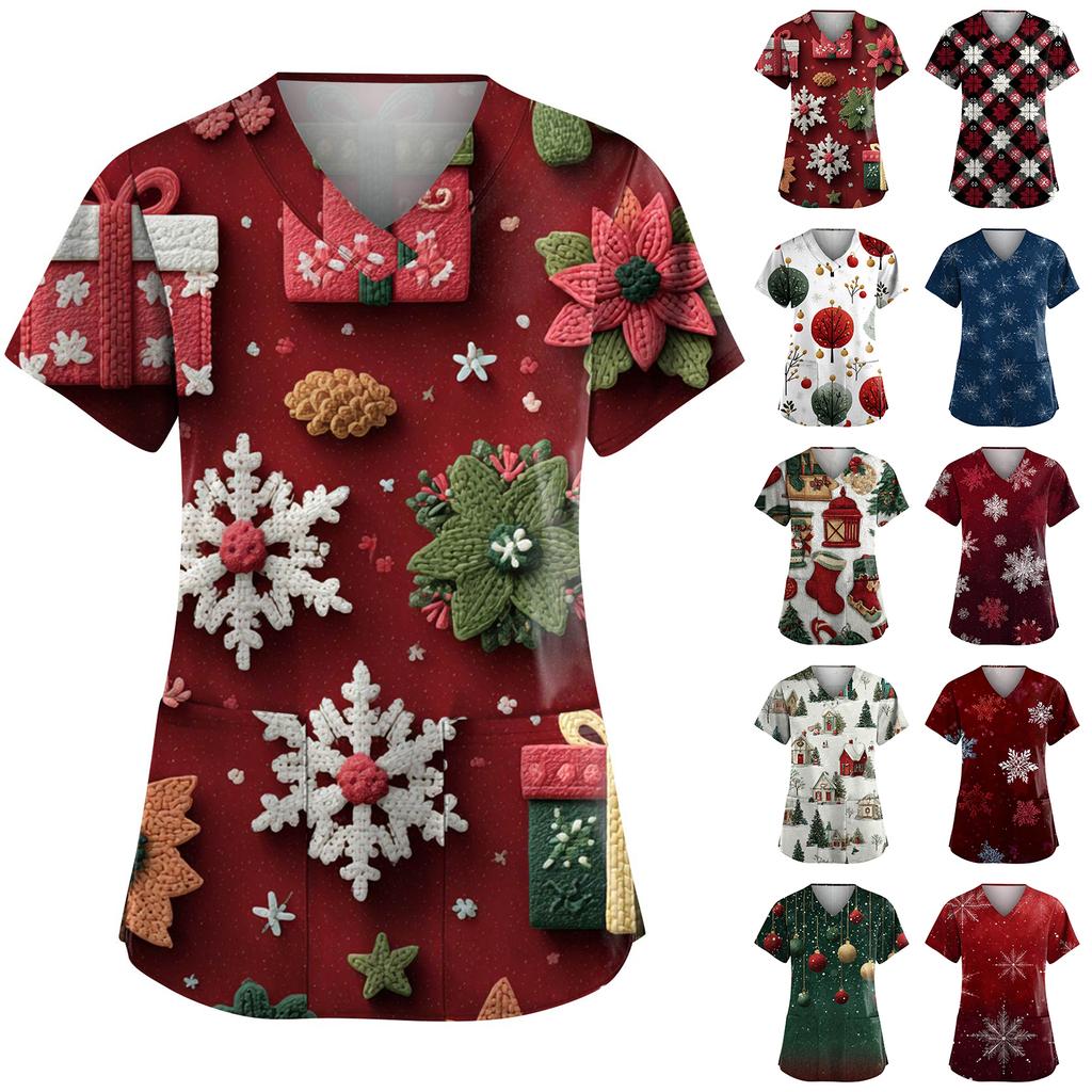 Women's Fashion V-Neck Short-Sleeved Workwear With Pockets Christmas Print Top Caregiver Uniform