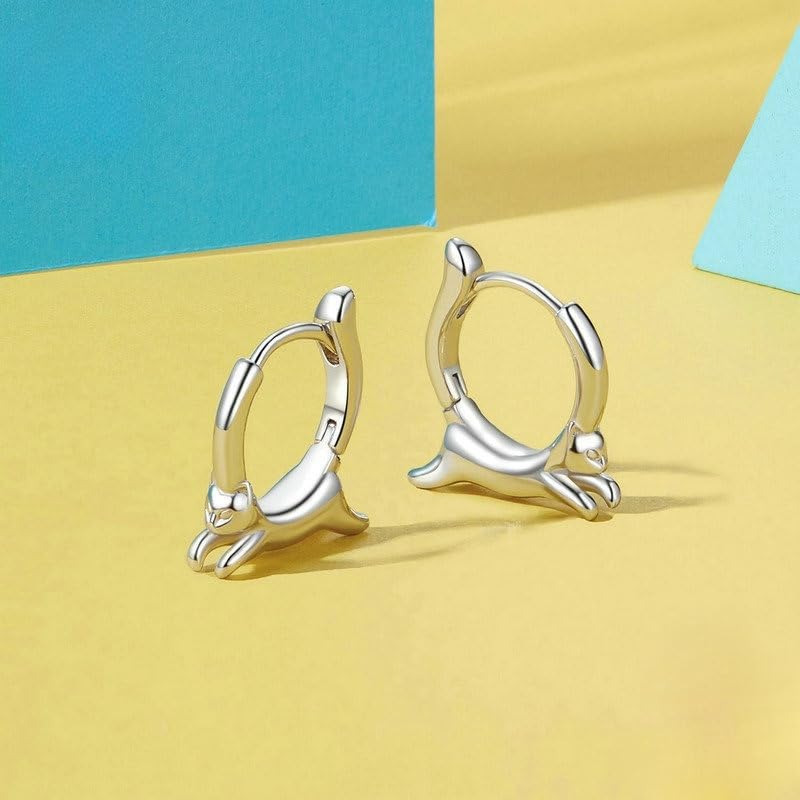 Rockyu Earrings and Rings for Silver Cat Animal Gift Women, Small, Set, 925, Casual, Cute, Earrings, Hoop, Motif, Birthday, Lover's Day, (Cat)