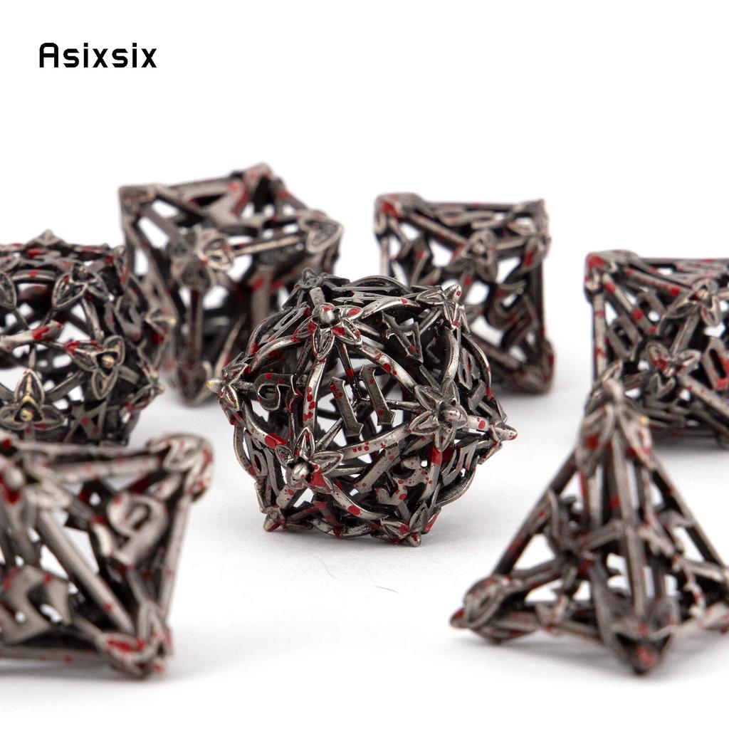 7-teiliges Würfelset aus Metall mit silbernen roten Blättern und Blumen, hohles polyedrisches Metallwürfelset, geeignet für Rollenspiele, RPG-Brettspiele, Kartenspiele